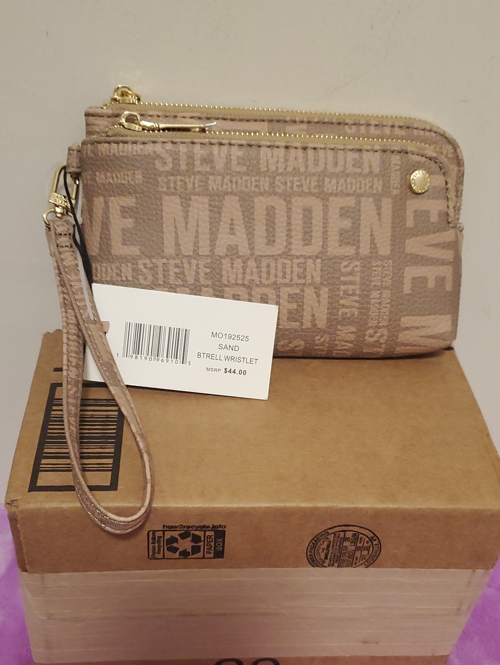 Steve Madden Sand Logo Wristlet with Gold Accents